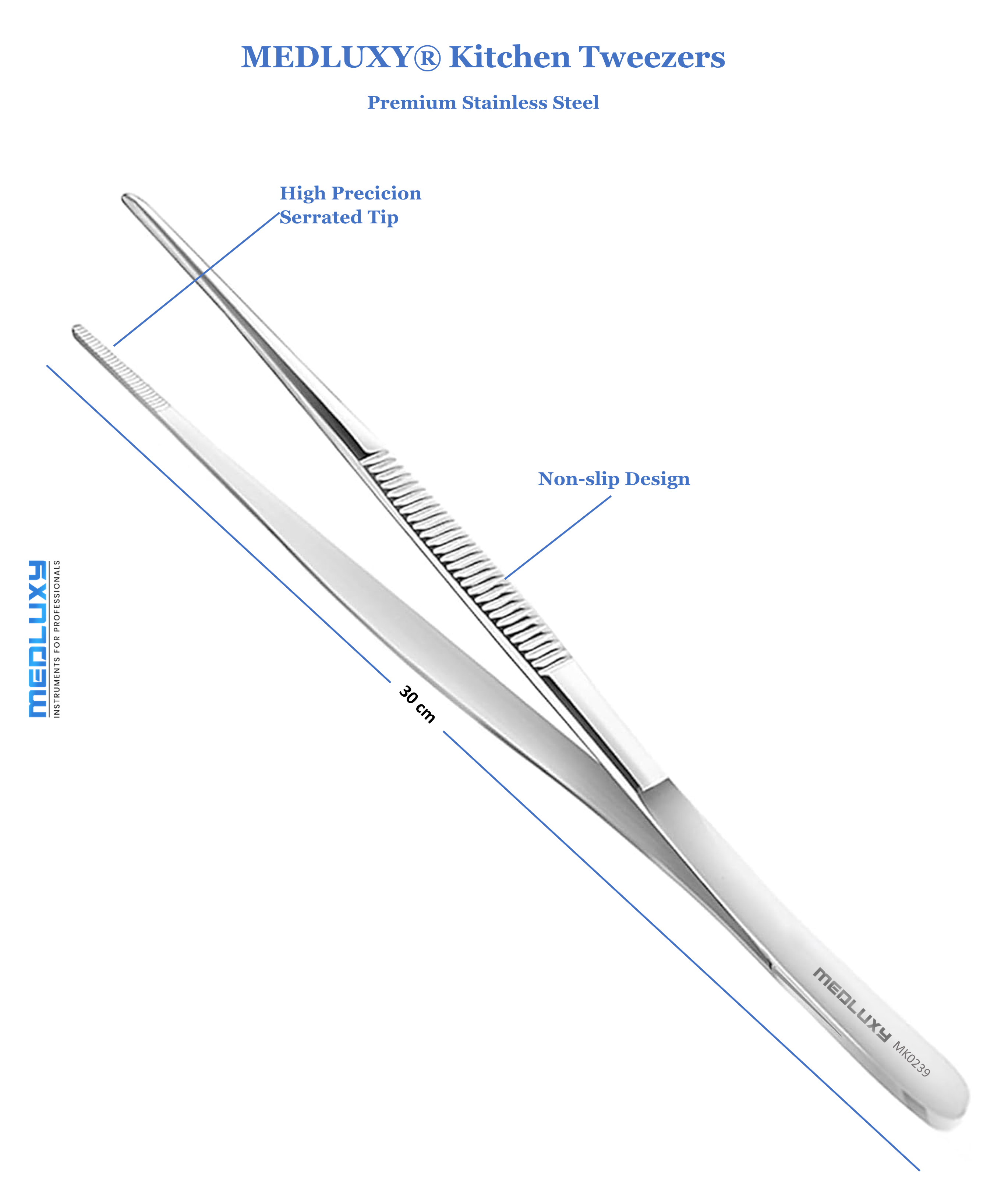 Medluxy - Kitchen tweezers - 30 cm - Stainless steel - Robust design - MK0239 (tweezers for the kitchen, pastry, gastronomy, cooking tweezers)